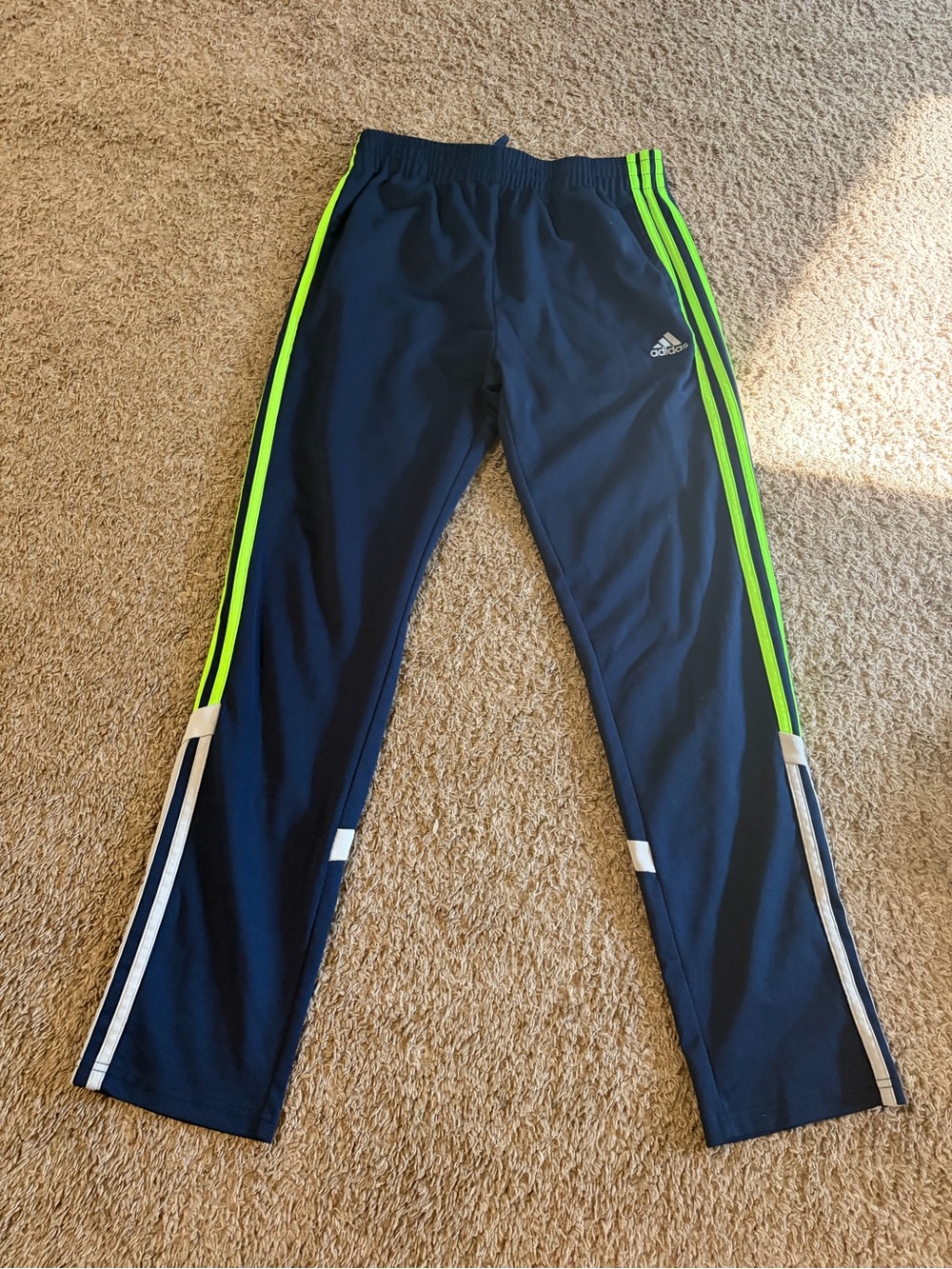 Adidas Youth Boys Navy Blue W/Neon Green Stripes Athletic Track Pants Size XL